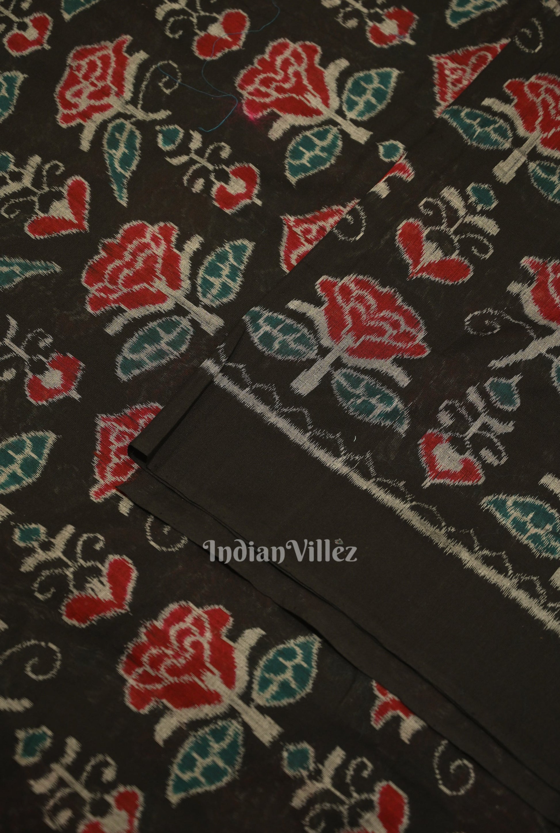 Black Rose Flower Motif Sambalpuri Ikat Cotton Fabric