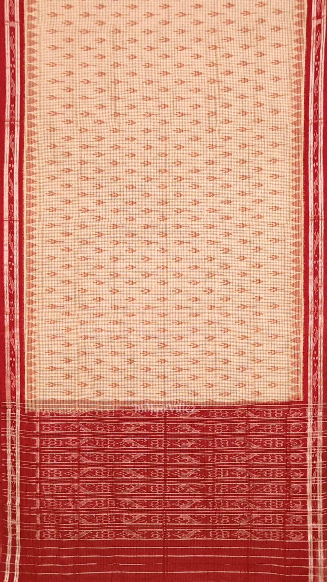 Beige Cream Red Check Mayur Chandrika Maniabandha Cotton Saree