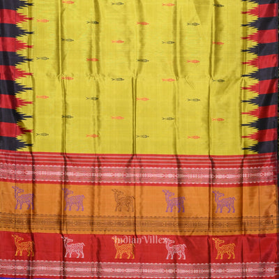 Mehendi Green Phoda Kumbha with Animal Motif  Double Pallu Berhampuri Silk Saree