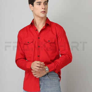 Frankshirt Double Pocket Red Solid Tailored Fit Cotton Casual Shirt for Man