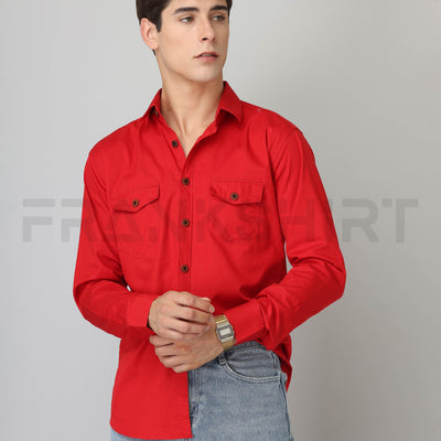 Frankshirt Double Pocket Red Solid Tailored Fit Cotton Casual Shirt for Man