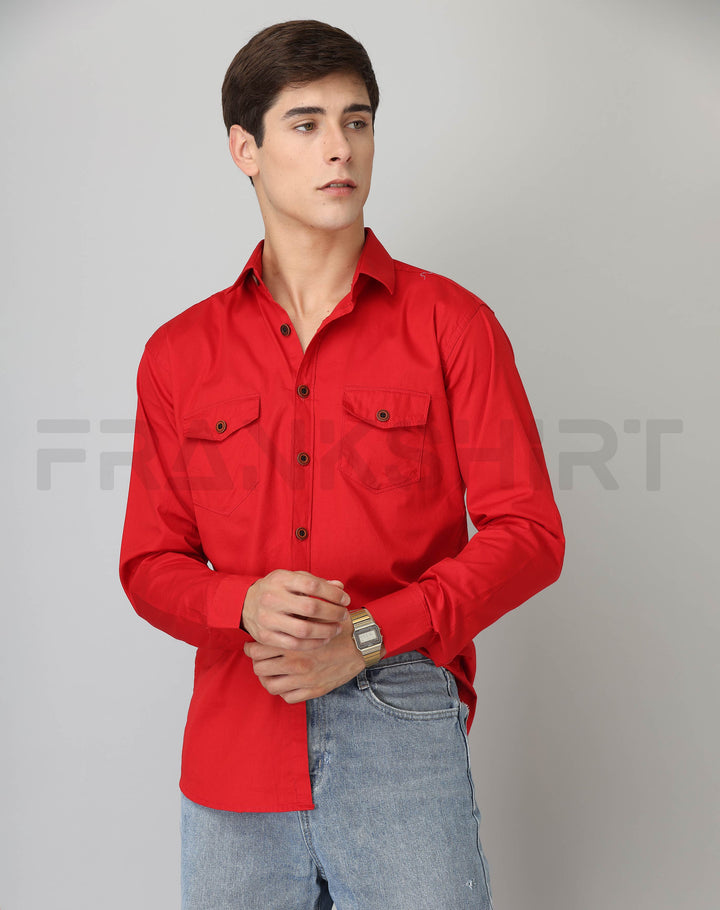 Frankshirt Double Pocket Red Solid Tailored Fit Cotton Casual Shirt for Man