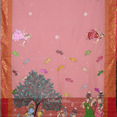Baby Pink Krishna Raasleela Theme Hand-Painted Pattachitra Saree