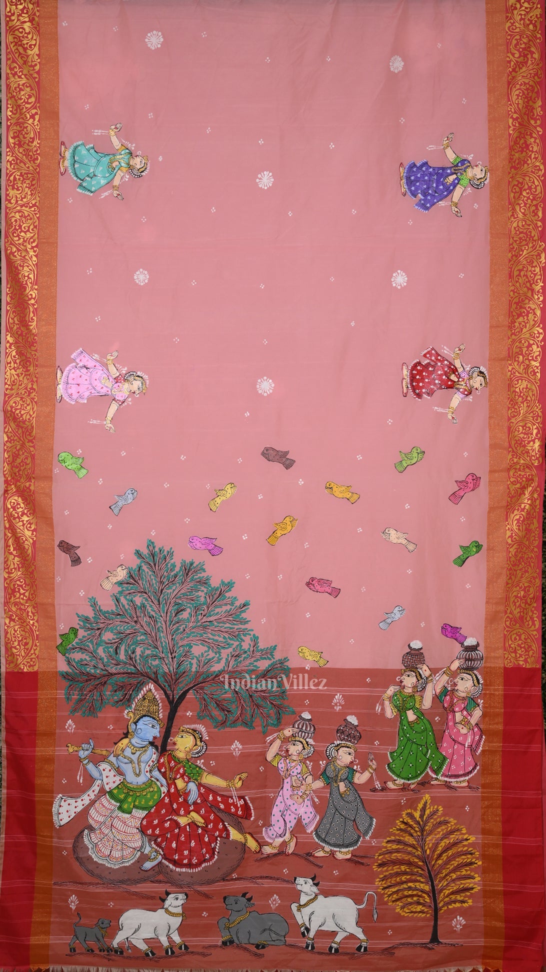 Baby Pink Krishna Raasleela Theme Hand-Painted Pattachitra Saree