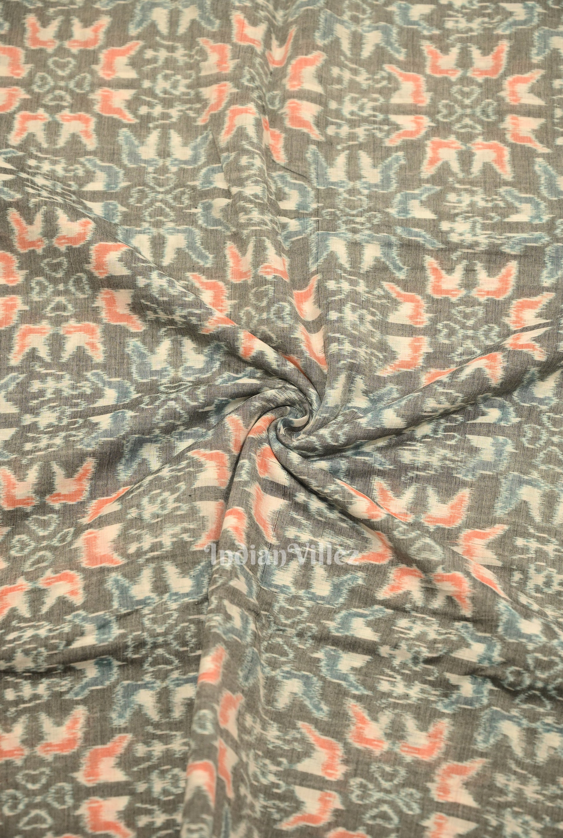 Cement Gray Tribal Flower Theme Sambalpuri Ikat Cotton Fabric