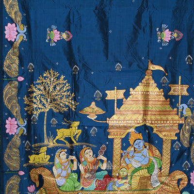 Blue Krishna Boita Theme Hand-Painted Pattachitra Saree