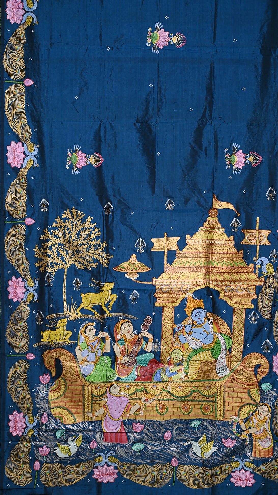 Blue Krishna Boita Theme Hand-Painted Pattachitra Saree