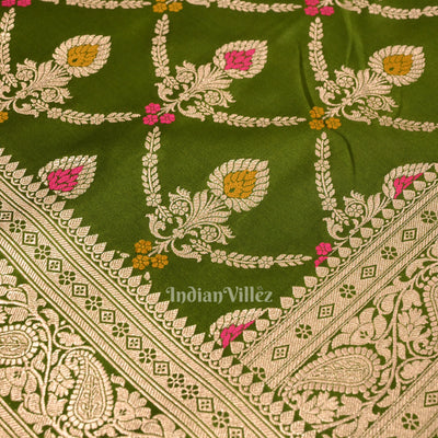 Mehendi Green Meenakari Pure Mashru Satin Silk Banarasi Saree