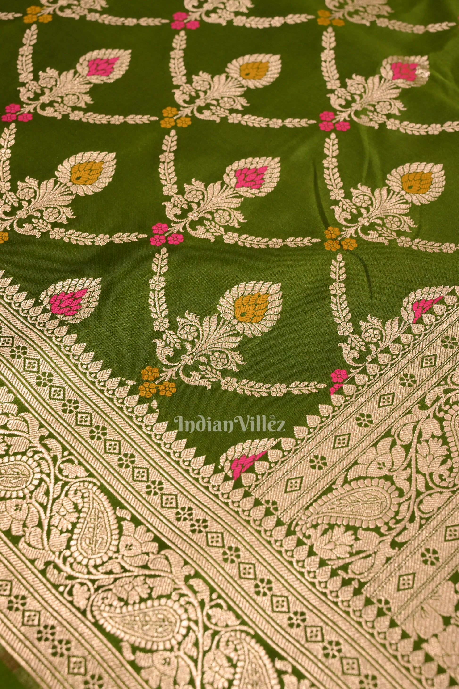 Mehendi Green Meenakari Pure Mashru Satin Silk Banarasi Saree