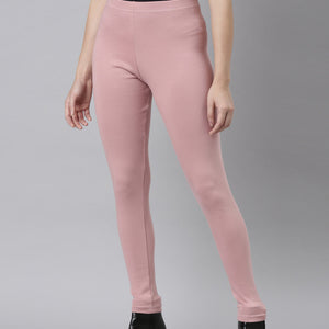 Women Solid Baby Pink Ribbed Warm Leggings