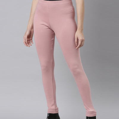 Women Solid Baby Pink Ribbed Warm Leggings