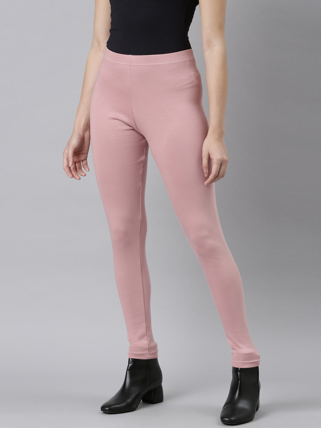 Women Solid Baby Pink Ribbed Warm Leggings