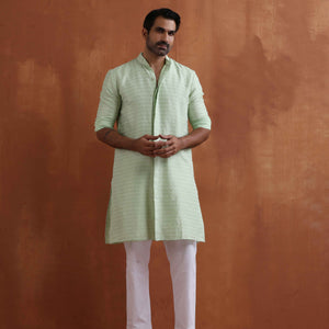 trueBrowns Men's Green Sequin Chanderi Kurta