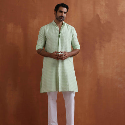 trueBrowns Men's Green Sequin Chanderi Kurta