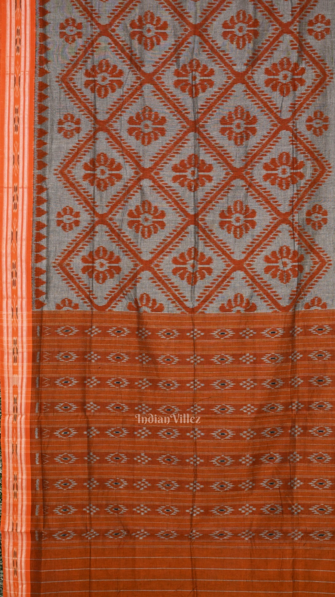 Grey Orange Bada Phula Odisha Ikat Maniabandha Cotton Saree