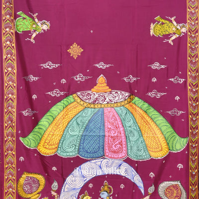 Maroon Ardha Chandra Krishna Rasa Leela Hand-Painted Pattachitra Saree