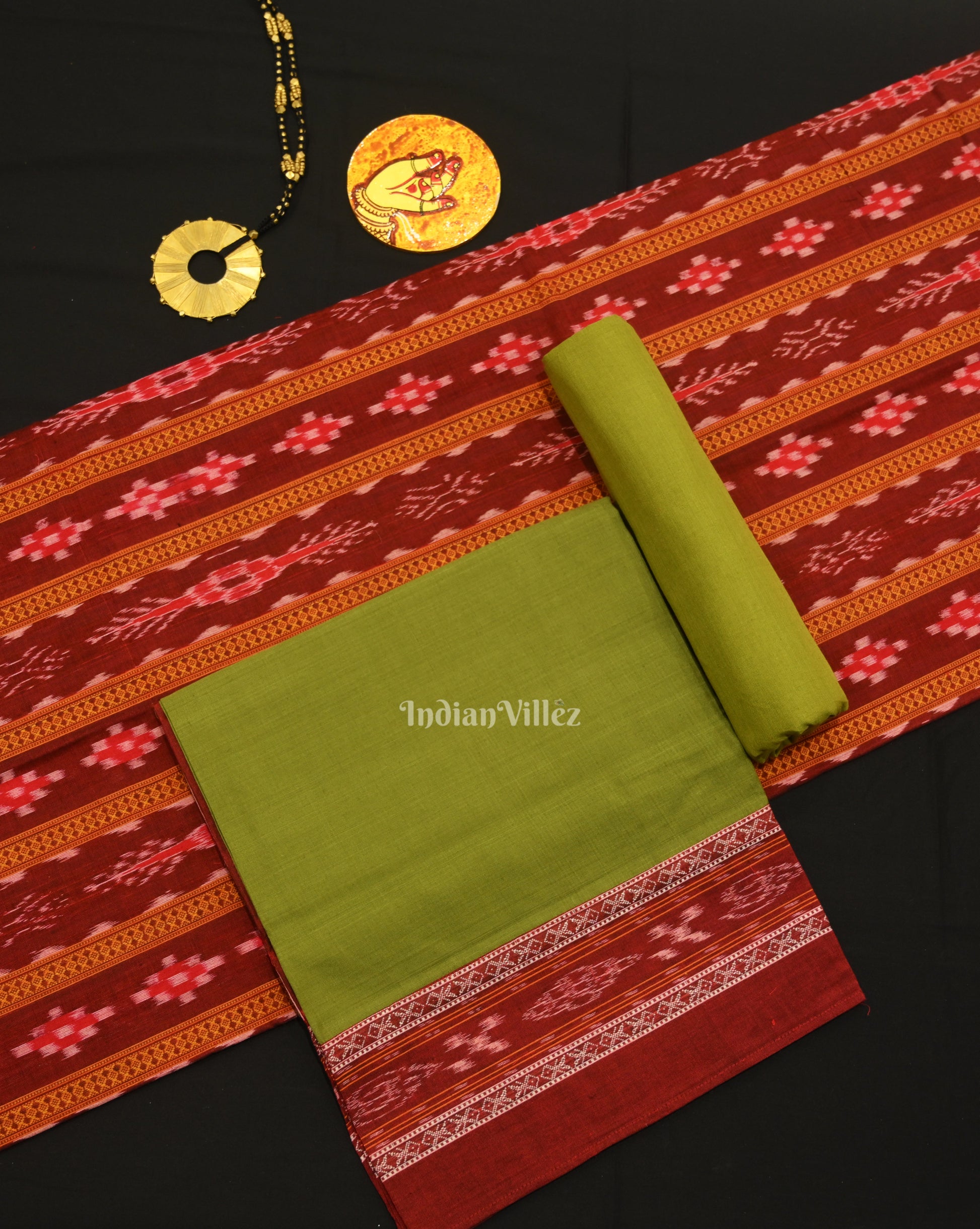 Maroon Green Pasapali Sambalpuri Cotton Dress set with Dupatta
