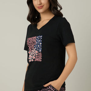V-Neck Sleep Tee - Floral Heart Print