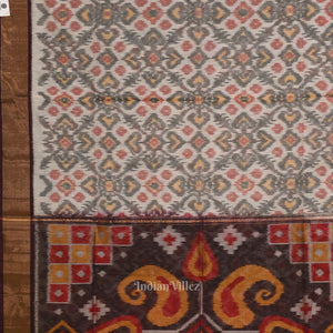 Off white Coffee Pochampally Ikat Sico (Silk & Cotton) Saree with Zari Border