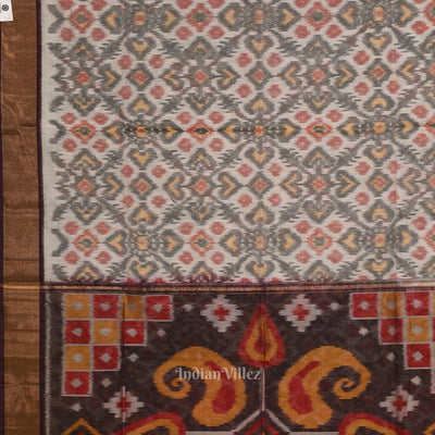 Off white Coffee Pochampally Ikat Sico (Silk & Cotton) Saree with Zari Border