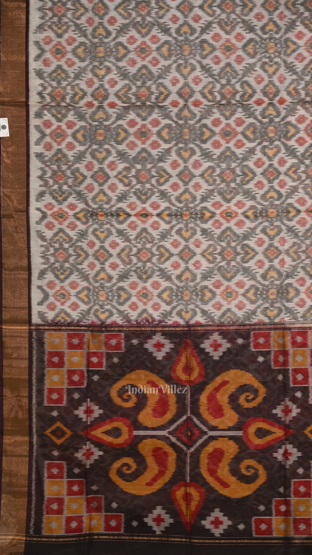 Off white Coffee Pochampally Ikat Sico (Silk & Cotton) Saree with Zari Border