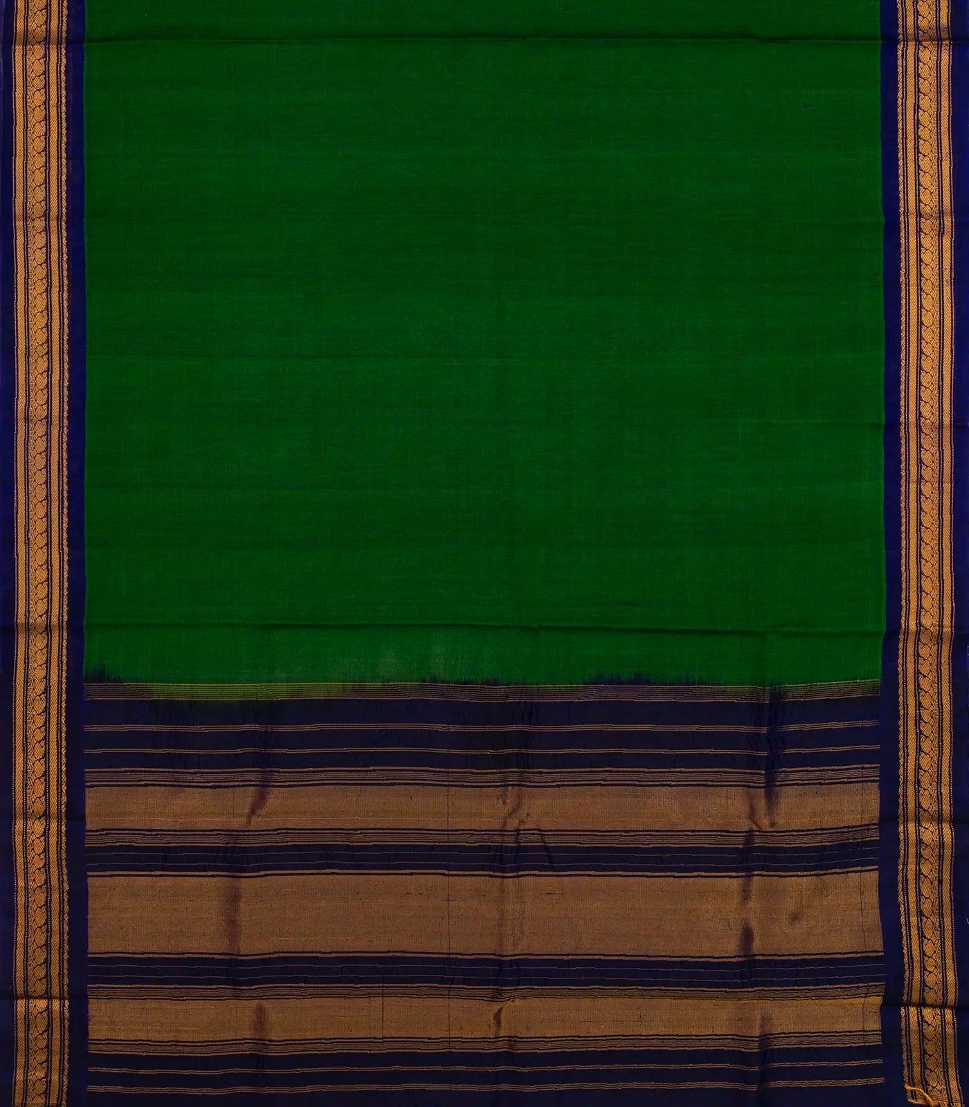 Dark Green Handloom Gadwal Cotton Saree With Contrast Purple Border
