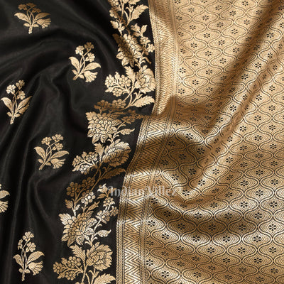 Deep Black Banarasi with Silver Satin Silk Saree