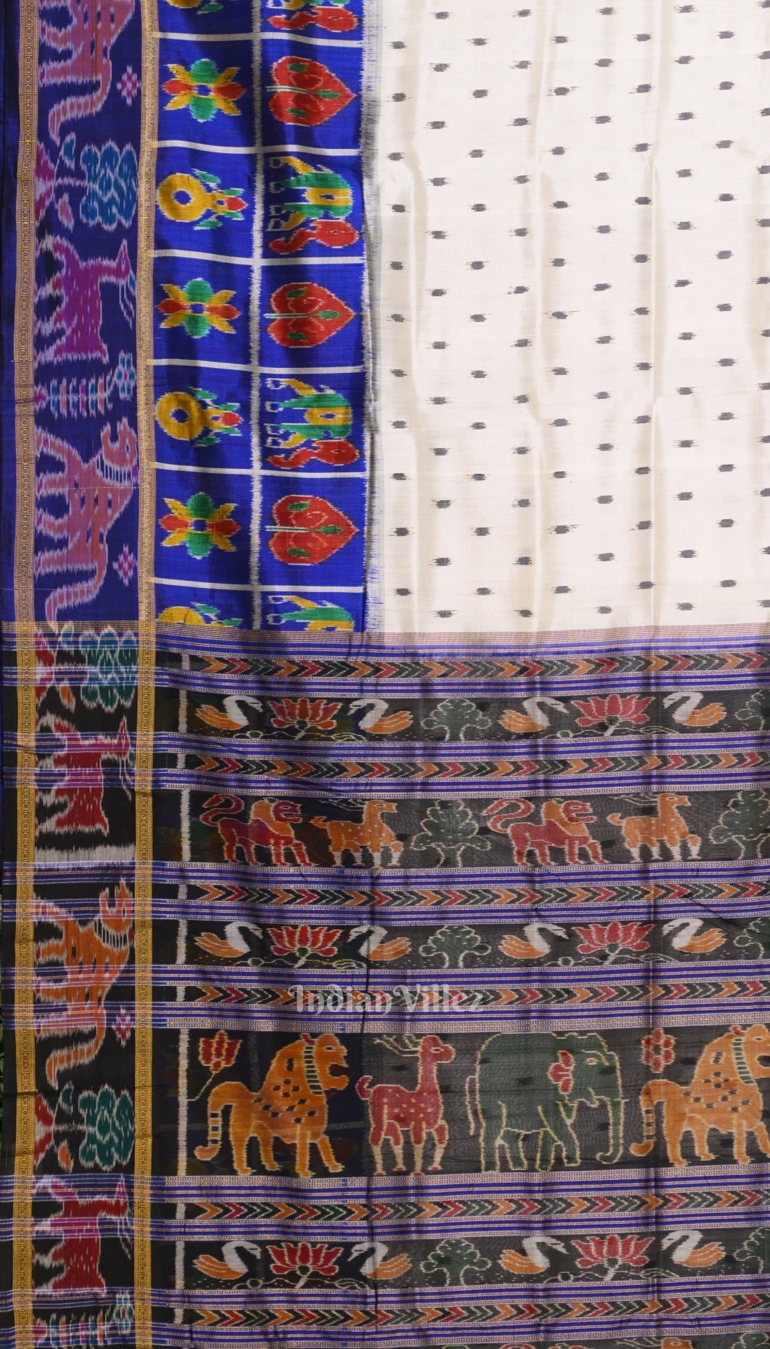 Off White with Royal Blue Animal Theme Khandua Silk Saree