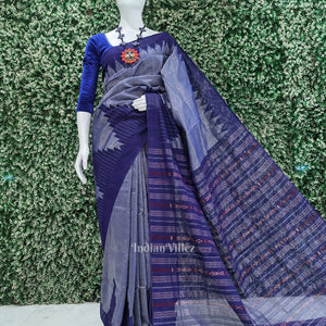 Grey Blue Phoda Kumbha Sambalpuri Cotton Tissue Saree