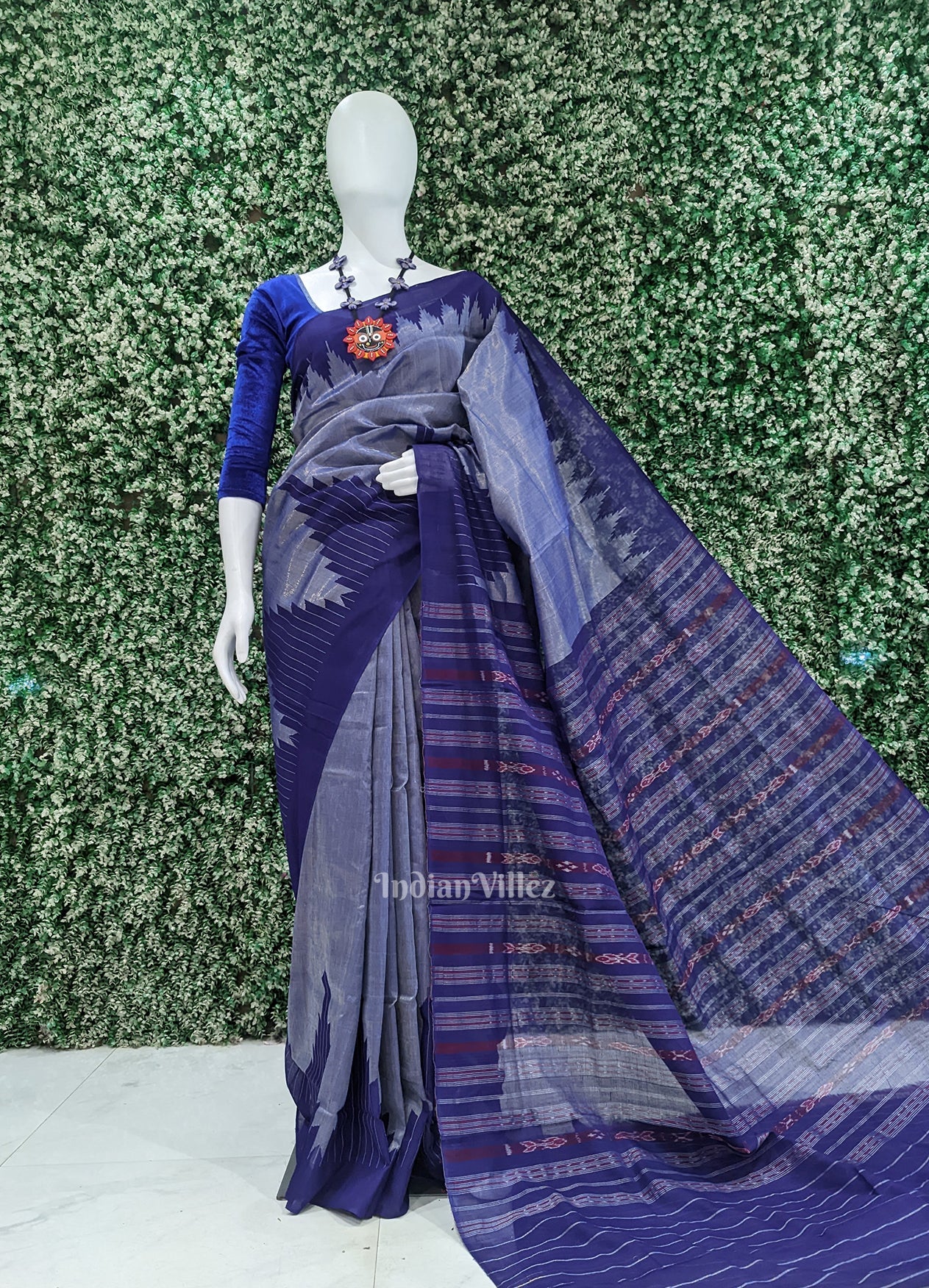 Grey Blue Phoda Kumbha Sambalpuri Cotton Tissue Saree