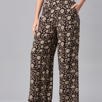 Women Black Woven Viscose Mid Rise Printed Palazzo