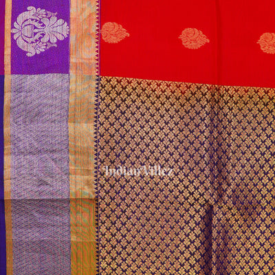 Red Blue Pure Kanjivaram Soft Silk Saree