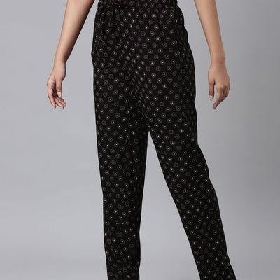 Women Printed Black Woven Viscose Lounge Pants
