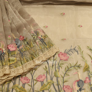 Basil Green Kora Banarasi Tissue Saree with Embroidery Work