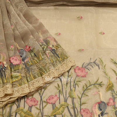 Basil Green Kora Banarasi Tissue Saree with Embroidery Work