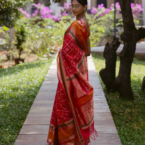 Red Handloom Silk Cotton Saree With Kolam Motifs in Checks