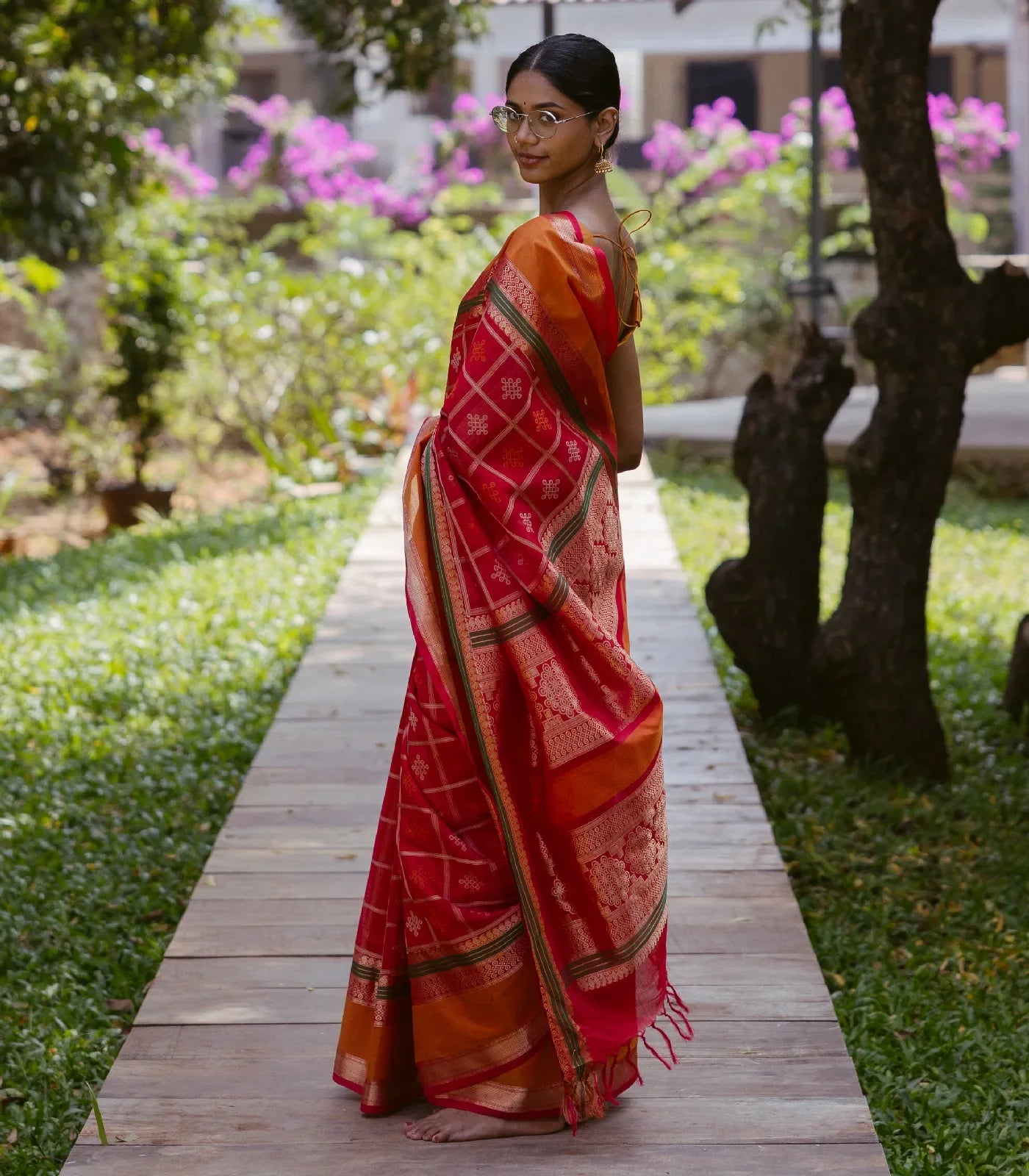 Red Handloom Silk Cotton Saree With Kolam Motifs in Checks