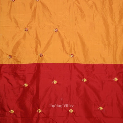 Yellow Red Floral Motif Pure Silk Hand Embroidered Saree