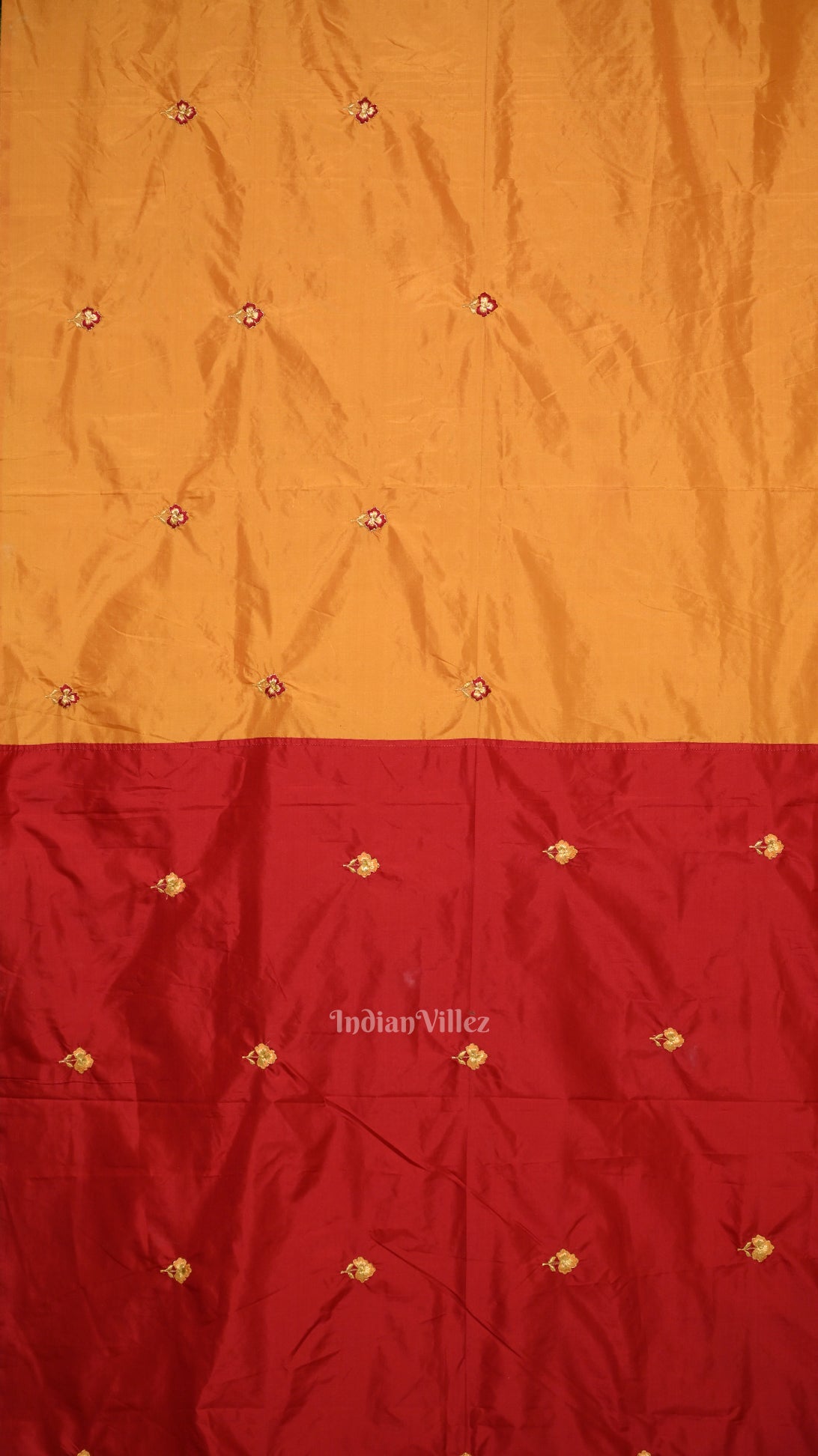 Yellow Red Floral Motif Pure Silk Hand Embroidered Saree