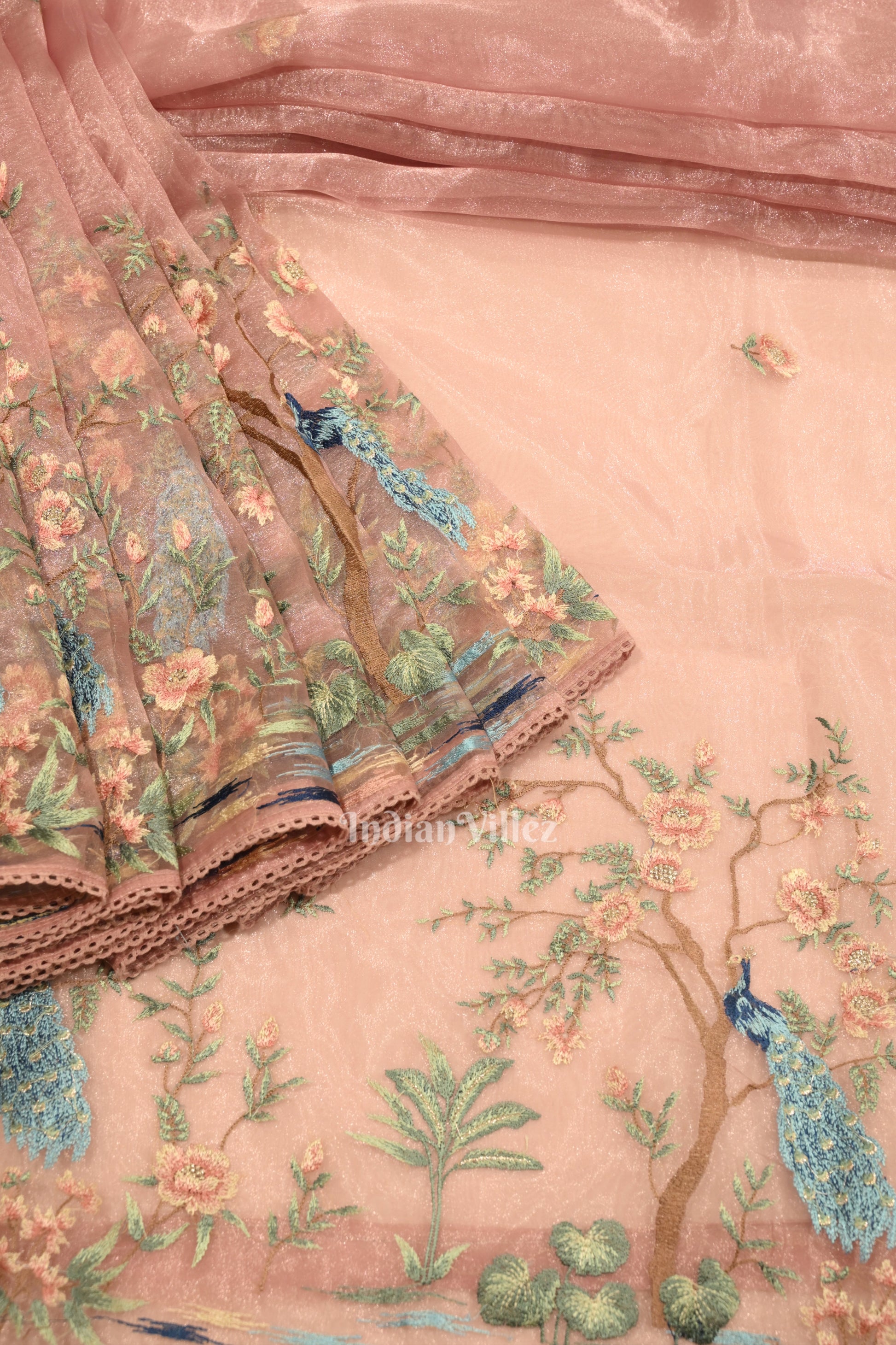 Peach With Floral Theme Kora Organza Banarasi Saree