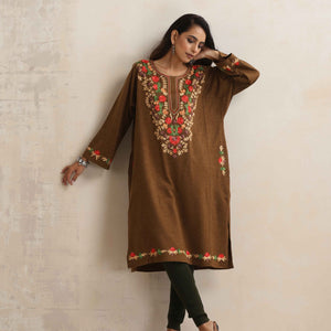 trueBrowns Brown Kashmiri Embroidered Woollen Phiran Kurta
