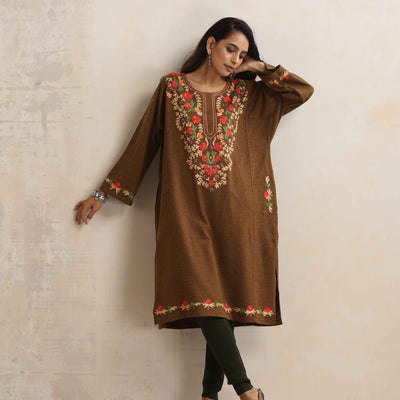 trueBrowns Brown Kashmiri Embroidered Woollen Phiran Kurta