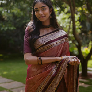 Dusty Pink Tissue Handloom Silk Cotton Saree With Zari Stripes