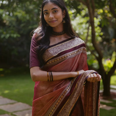 Dusty Pink Tissue Handloom Silk Cotton Saree With Zari Stripes
