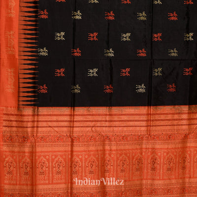 Black Orange Tribal Sambalpuri Ikat Bomkai Silk Saree