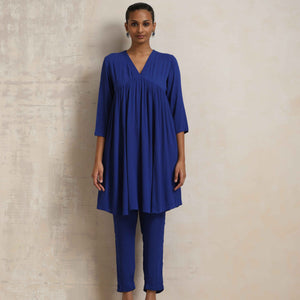 trueBrowns Blue Crinkle Flared Kurta Co-ord Set