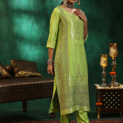 Green Woven Design Silk Blend Straight Suit With Dupatta
