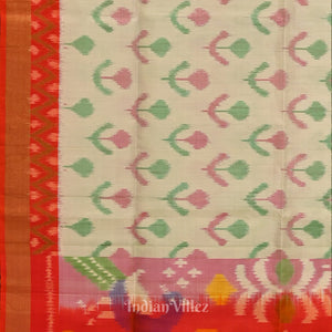 Exclusive White with Red Floral Theme Handloom Pochampally Ikat Saree