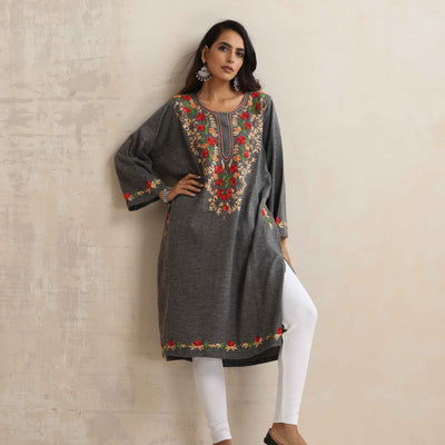 trueBrowns Grey Kashmiri Embroidered Woollen Phiran Kurta
