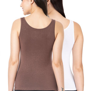 Solid High Coverage Round Neck Modal Vest (Pack of 2) - Cacao Nibs - White